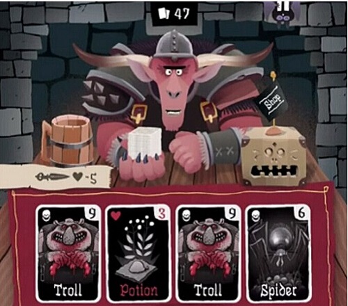 整个游戏过程都是通过抽卡来进行，所以比起冒险，游戏更着重于卡牌战斗。比如玩家抽到了一张剑卡，那么玩家可以把它加入手牌装备上，然后用它的攻击效果来攻击怪物卡牌，将其击破。除了攻击卡牌，还有药剂卡、道具卡以及其它各种各样可施展的技能卡牌。而玩家的卡组可容纳最多 54 张卡牌，这相当于是一副完整的扑克牌了。