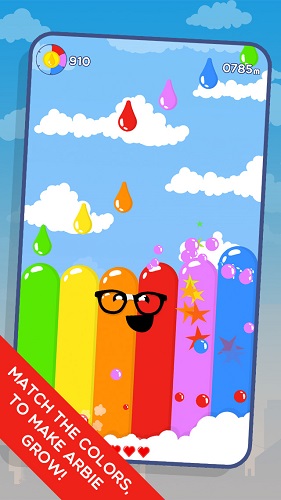 操作非常简单，躲在云朵身后的小彩虹们只露出了一个小小的头，玩家只要在屏幕下方的彩虹身上左右点击，即可依次轮换他们的排布位置，在天空中不断有各种颜色的小雨滴落下，玩家要做的就是将他们一一对应，雨滴本身的降落速度不快，但是向下滑动可以加速下落，非常简单，来活动活动手指吧！